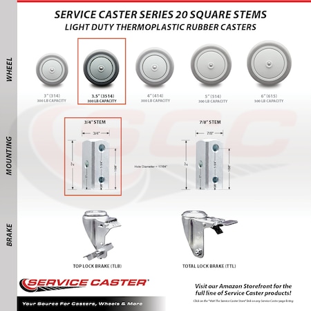 Service Caster 3.5 Inch Thermoplastic Rubber Wheel Swivel 3/4 Inch Square Stem Caster Set SCC SCC-SQ20S3514-TPRB-34-4